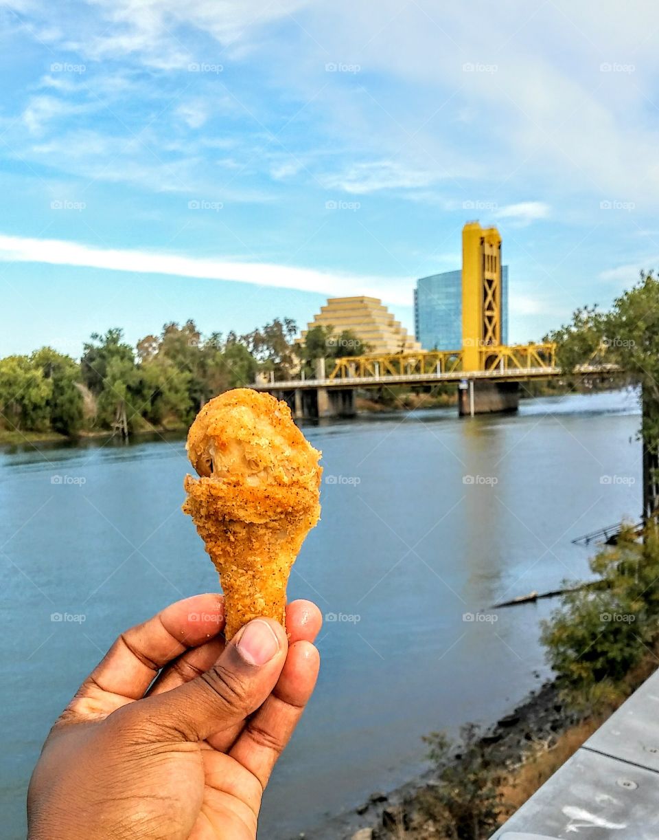 holding food on the riverfront