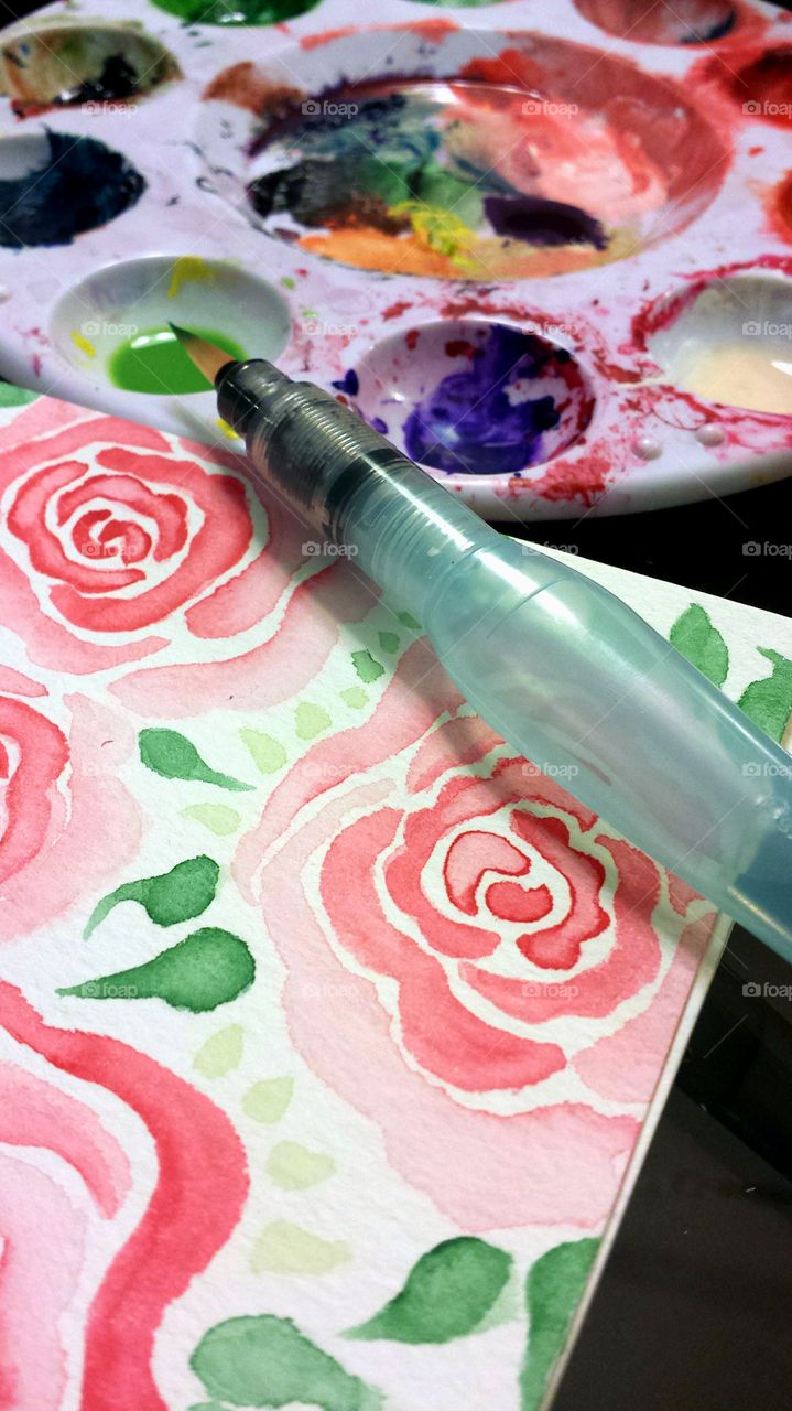 Watercolor painting using brush pen, roses, flower, floral border, paint