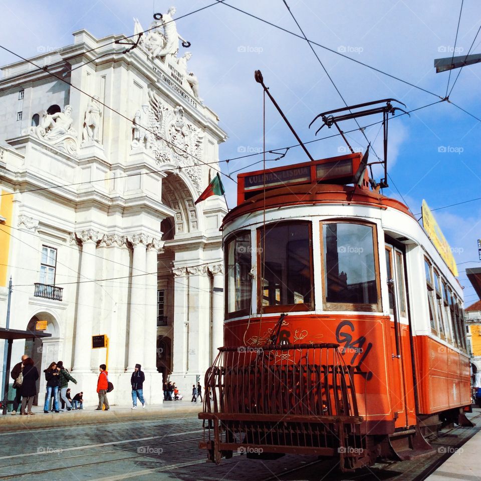 Old tram on the streets of Lisbon