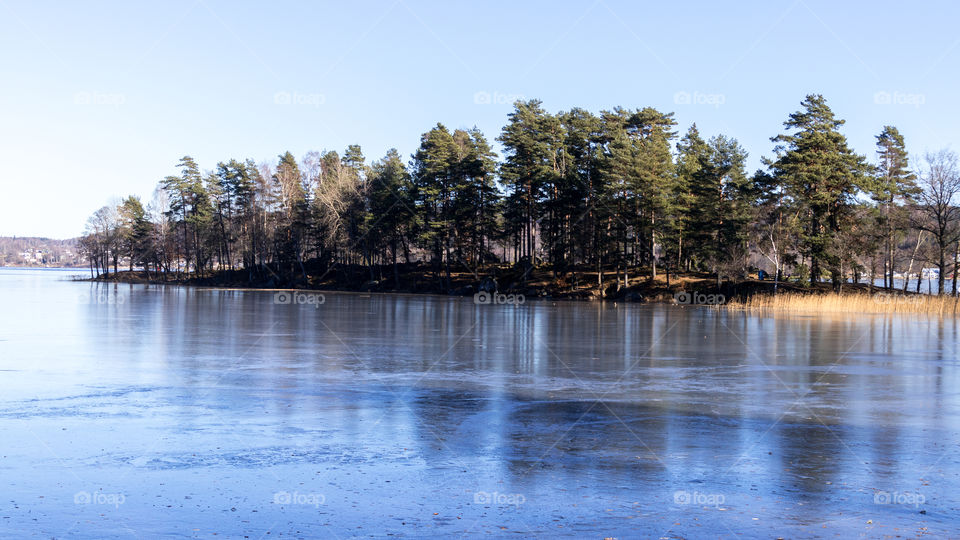 Swedish nature in the middle of winter. small island surrounded by a frozen lake