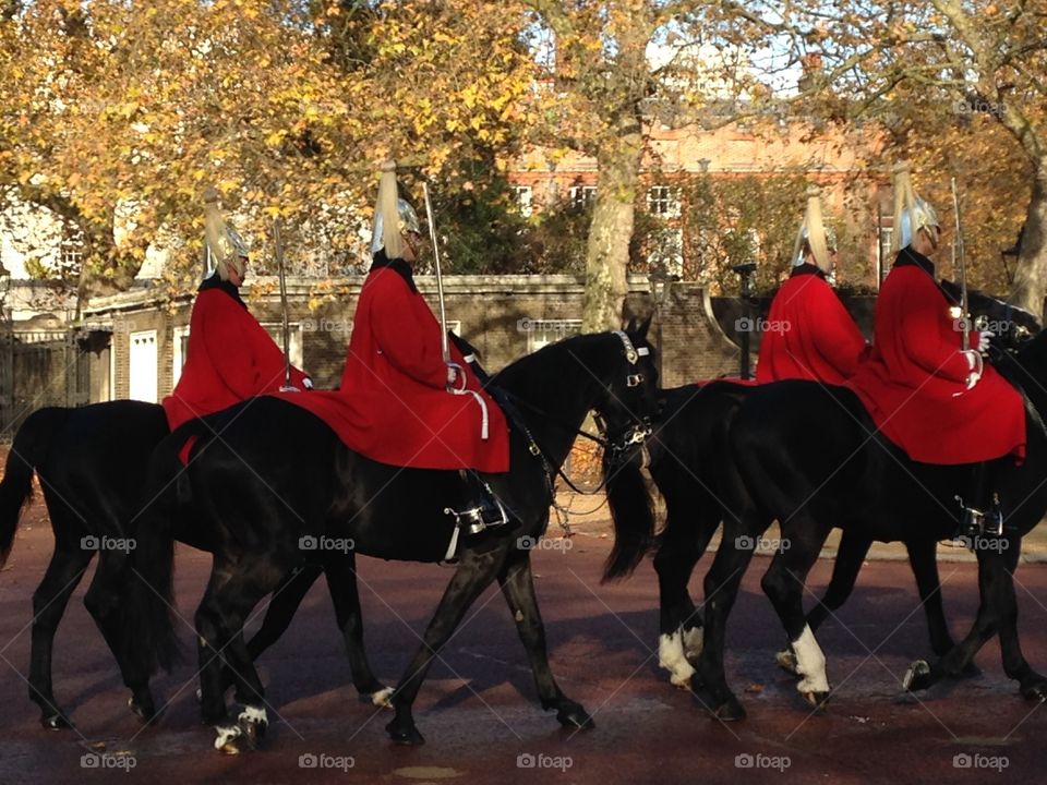 Queen's guards around Backingham
palace before their daily guard change