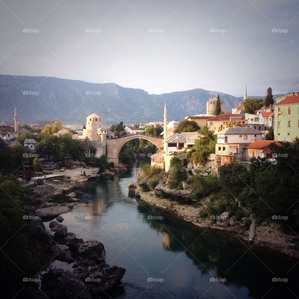 Mostar bridge in sundown