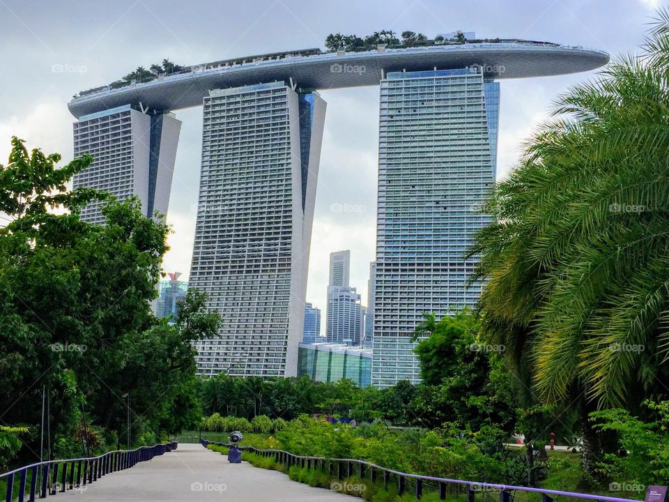 Urban nature: lush foliage trees and bushes with the walk path and low metal fence in the front of the famous Singapore Marina Bay hotel