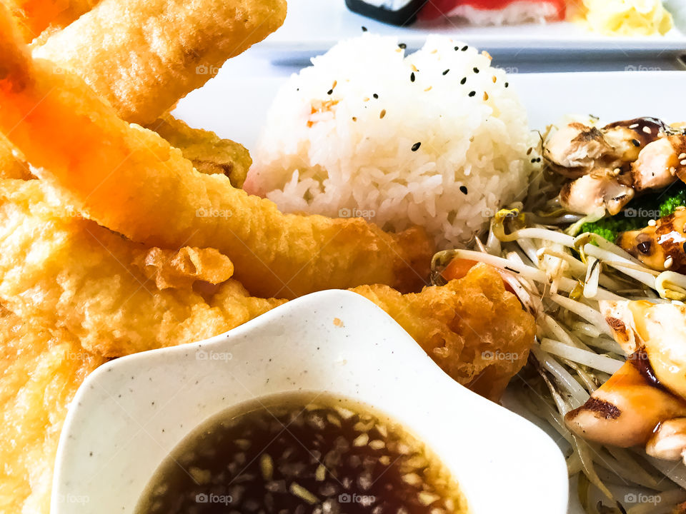 Tempura, rice, teriyaki, Japanese meal closeup 