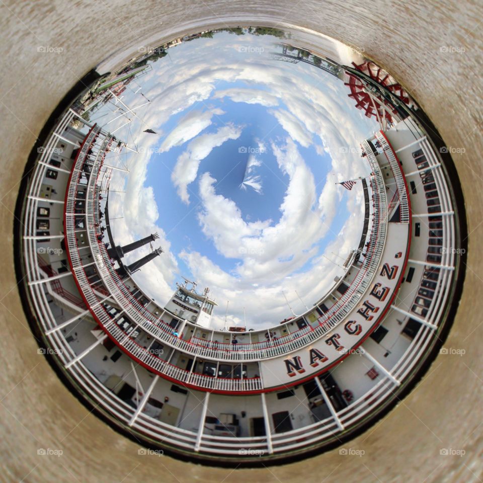 Unique circular photo of steamboat Natchez in New Orleans on the Mississippi River 