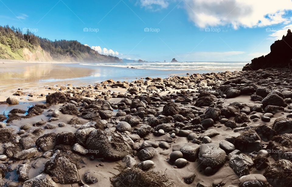 Beautiful sunny day for a stroll along this gorgeous Pacific Northwest rocky beach with haystacks. 
