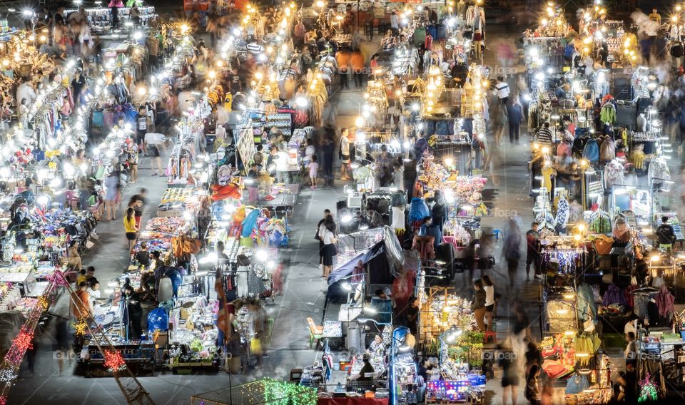 Beautiful night light of Open air flea market in Bangkok Thailand