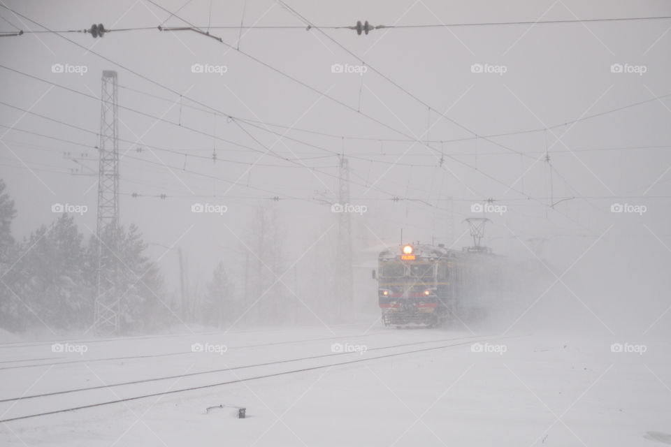 train in snowstorm