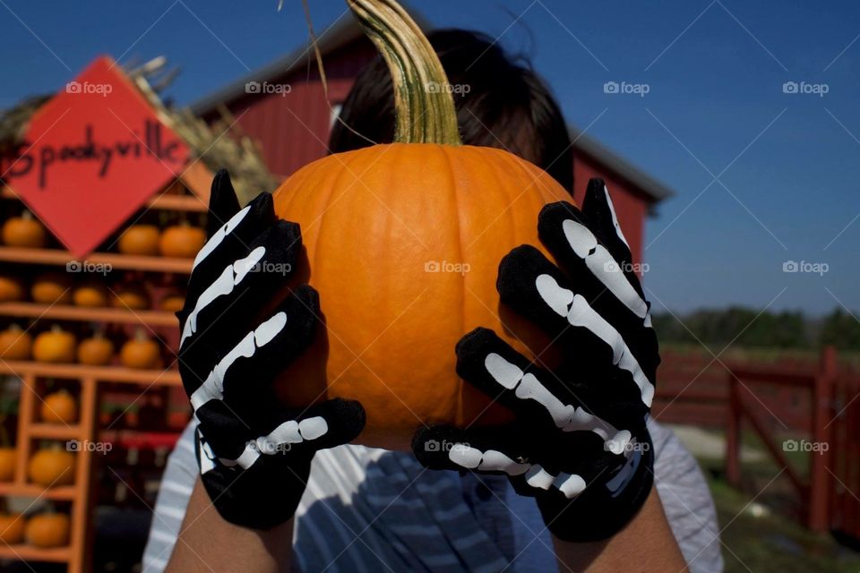 Spooky skeleton hands holding a pumpkin for carving