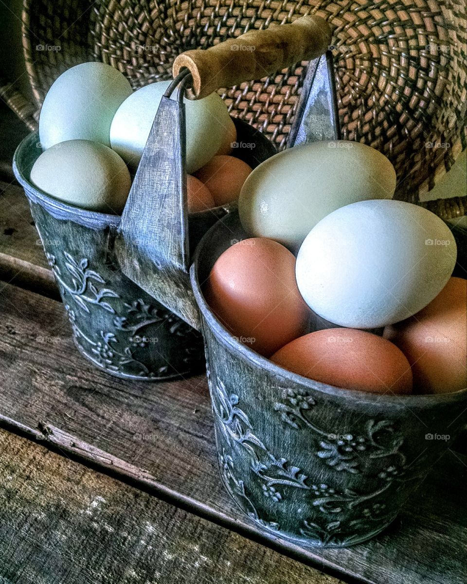 Farm Fresh Eggs in Galvanized Metal with a Wicker Basket