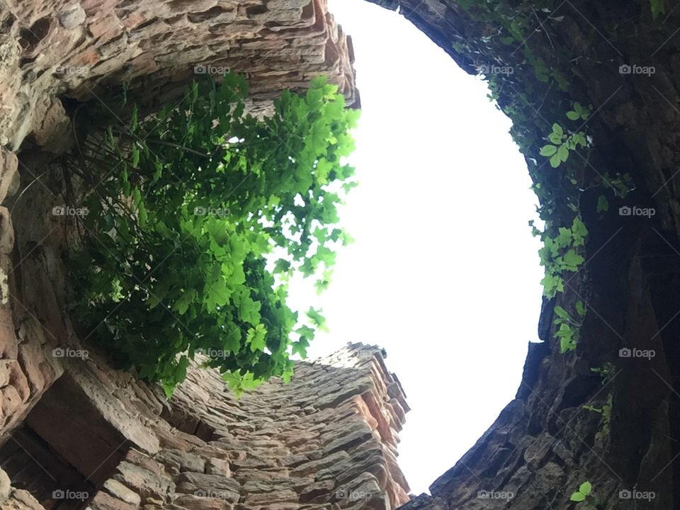 Looking up a turret at Nanstein Castle in Landstuhl, Germany