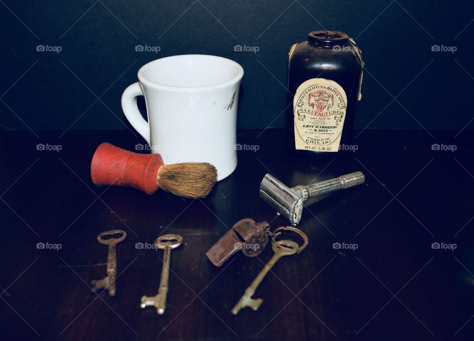 Antique Shaving things. Cup,brush,razor,skeleton keys,Whistle