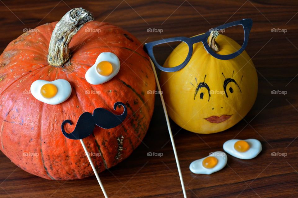 happy Halloween decorations two pumpkins couple