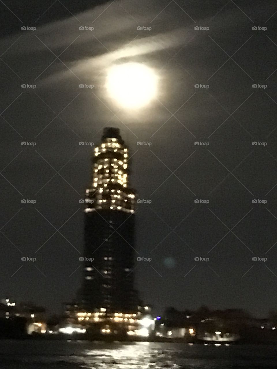 This picture of the full moon above the Empire State Building was taken when we sailed our new boat to her new home in Newtown Creek in Long Island City, Queens, NY in August 2017. Hypnotic Productions