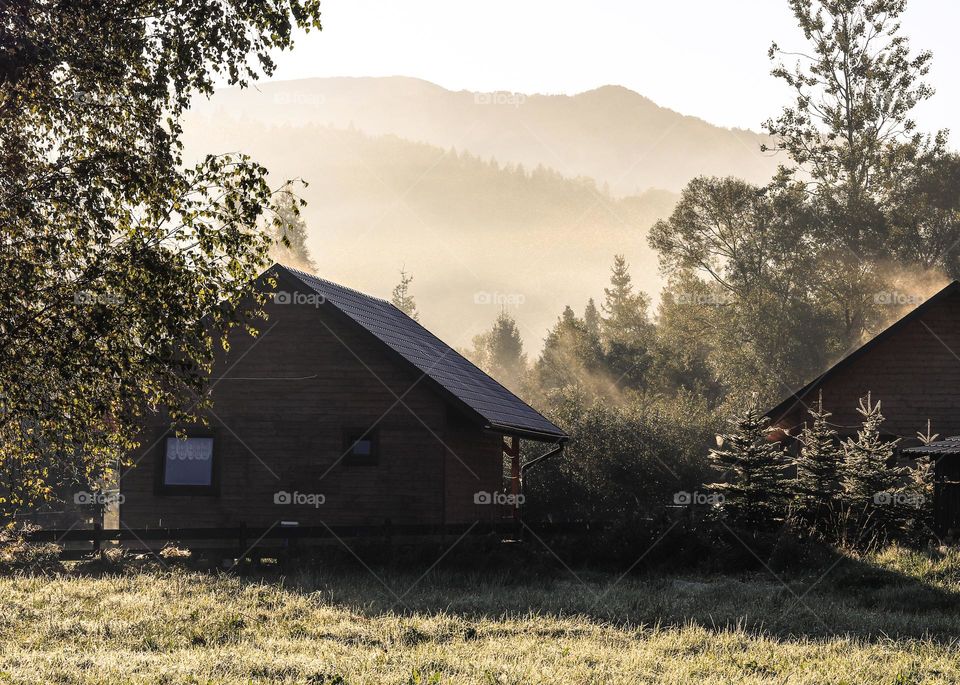 beautiful fog during sunrise in Bieszczady mountains