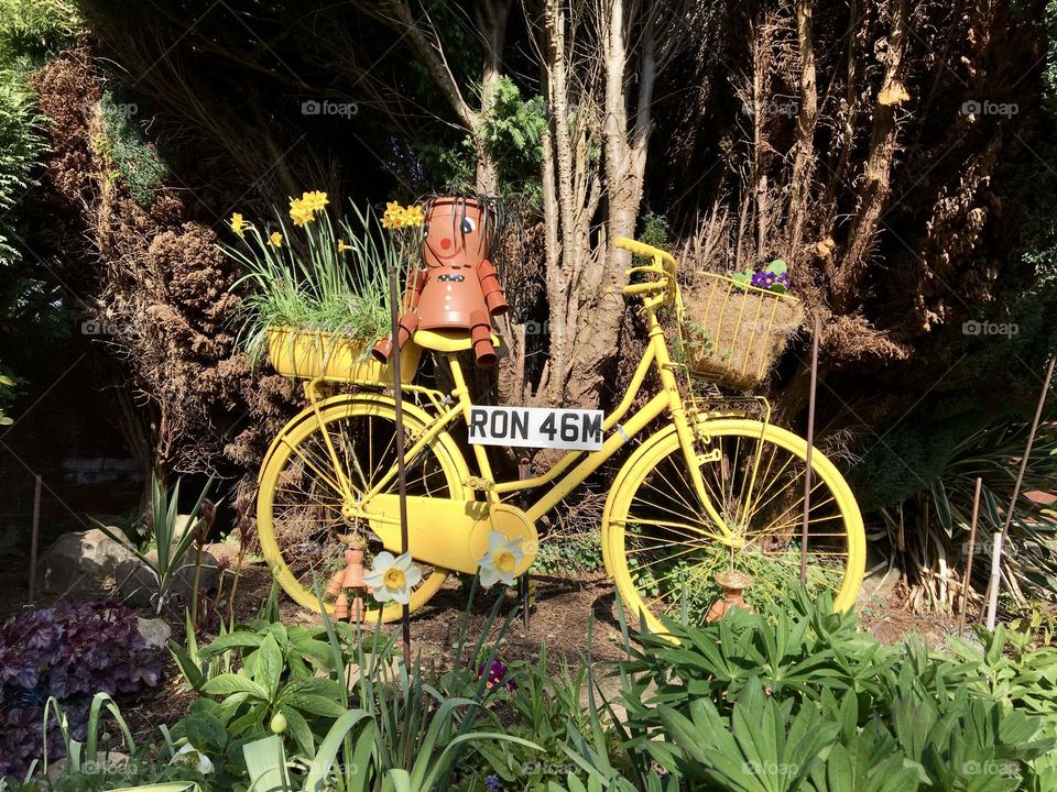 One yellow “Tour de Yorkshire” decorative show your support of the  event bike in a garden 