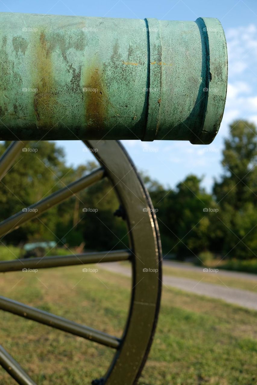 Closeup of the bronze barrel of an old Civil War cannon. Stones River National Battlefield, Murfreesboro, Tennessee. 