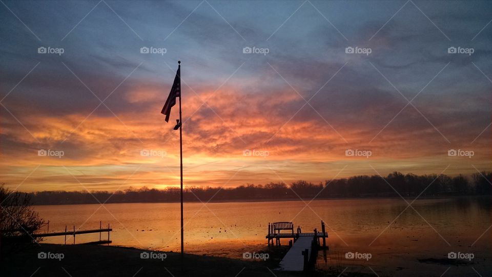 Amazing Fall Sunrise, American Flag, Pier, Lake.