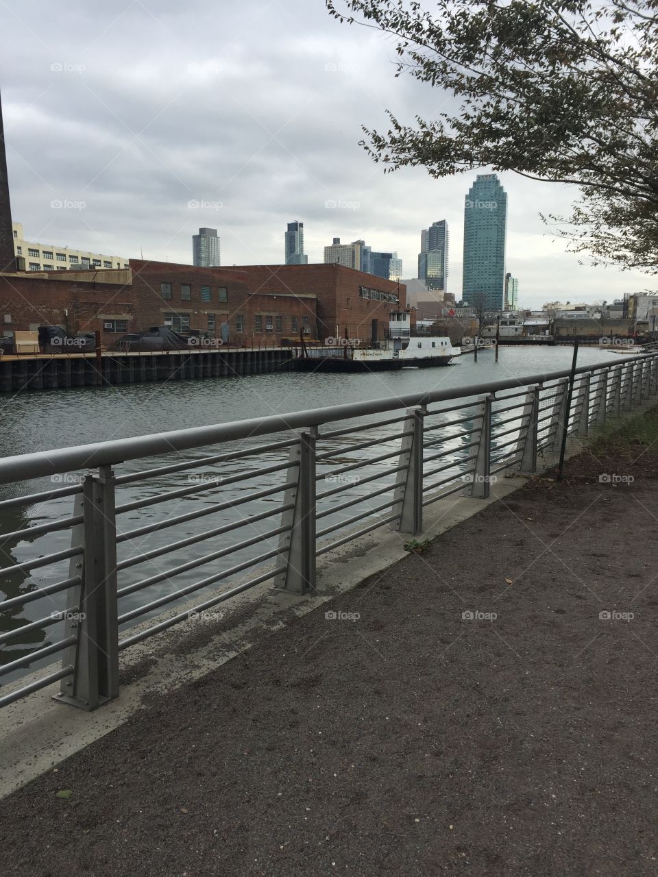 Photo of a walking tail near a river and in the distance you can see New York cities skyscrapers.
