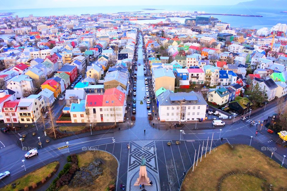 The colorful Reykjavik from the tower of Hallgrimskirkja, the highest and biggest Church in Iceland