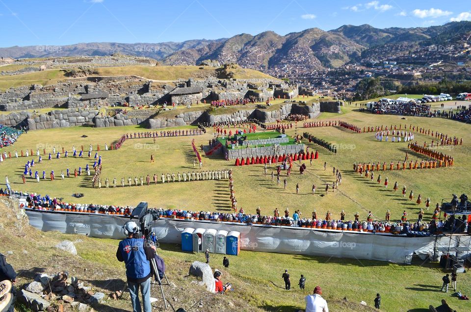 Inca fortress overlooking Cusco during Inti Raymi, or Sun festival in Peru