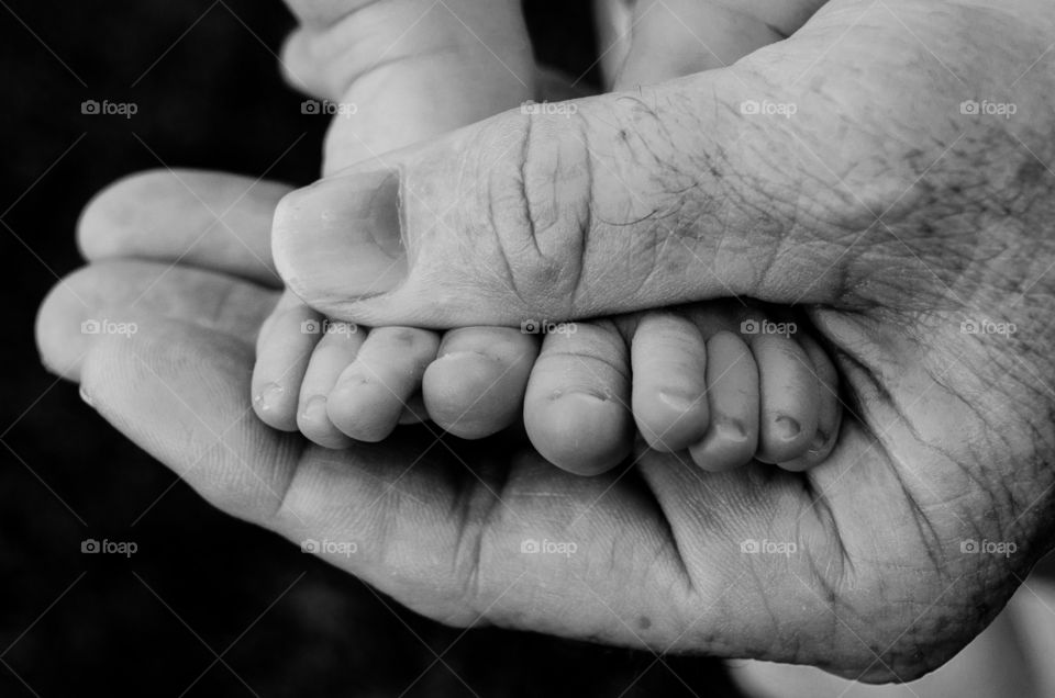 This photo shows a grandpa holding his newborn granddaughters feet.