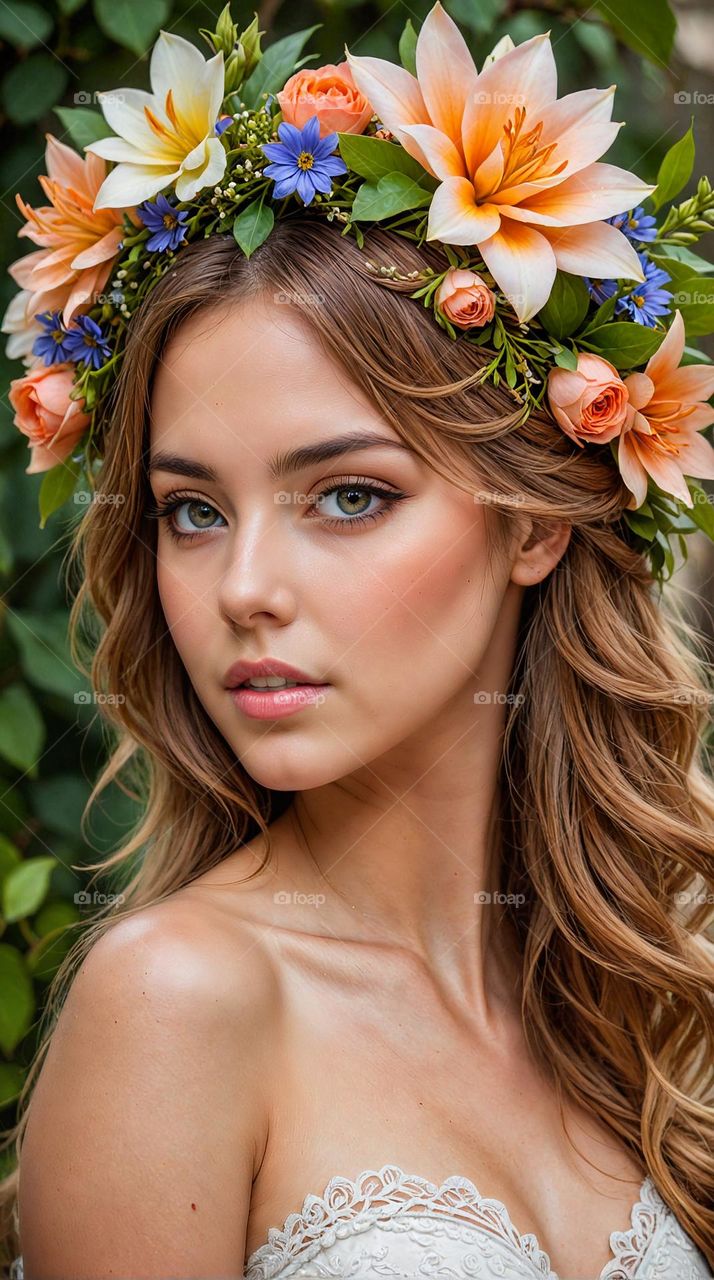 a woman with a flower crown on her head, fashion photography