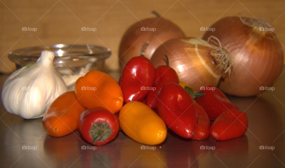 Heirloom Peppers, Garlic & Yellow Onions