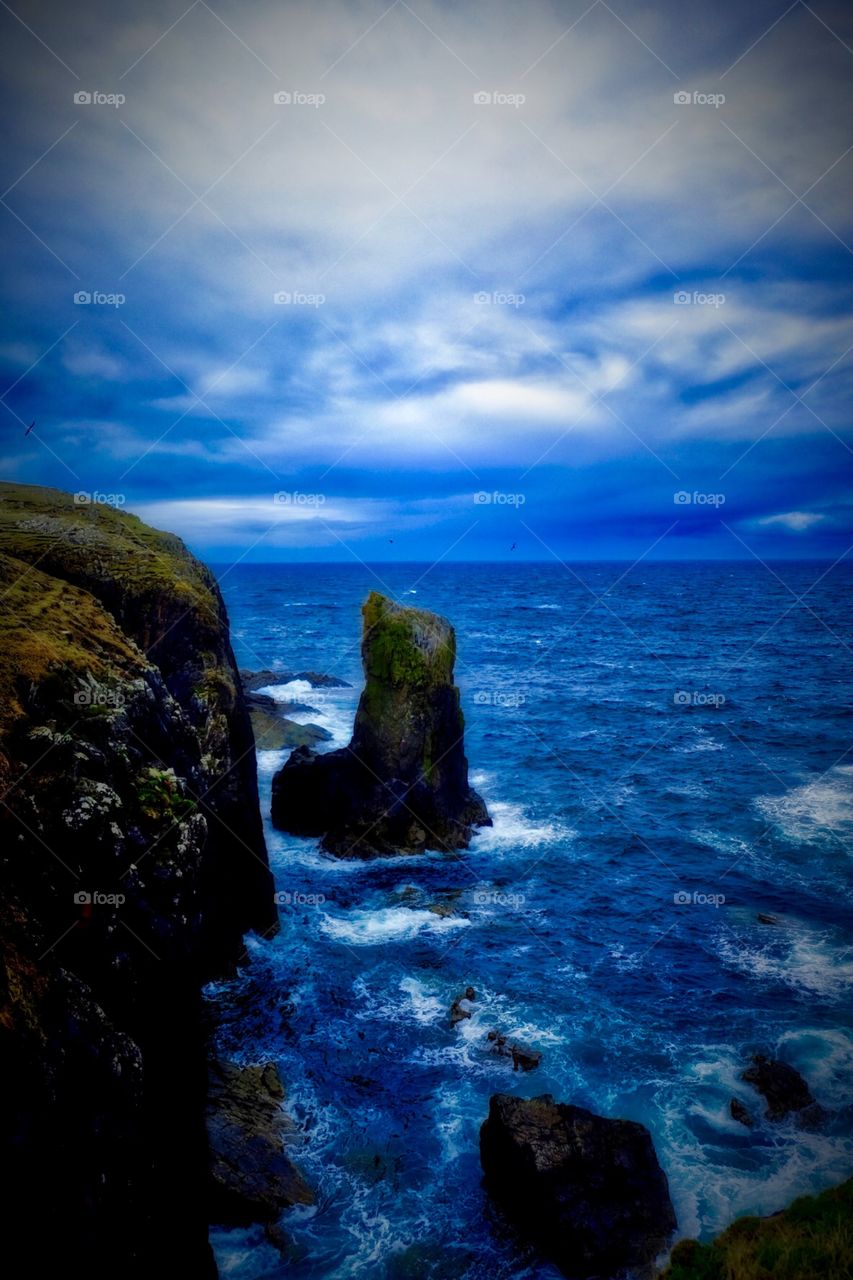 Cliffs Of Scotland, Ocean Waves Off Of Scottish Cliffs, Rocky Out Crops In The Ocean, Landscape Of Scotland, Waters Of Scotland 