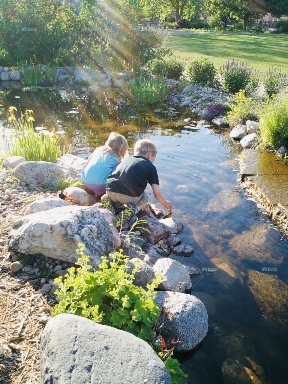Darling sunny day photo of two siblings sweetly searching for tadpoles together! 