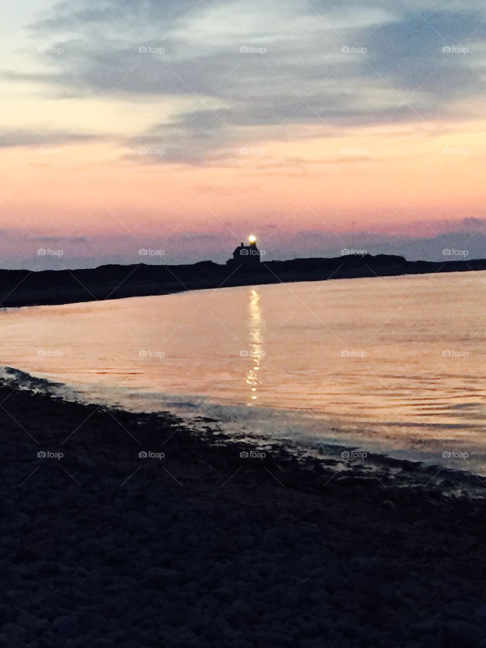 Evening lighthouse on Block Island, peaceful and serene. 