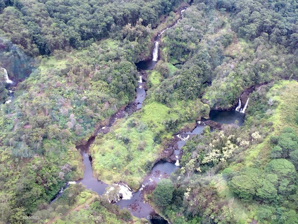 Aerial view of a rainforest and waterfalls