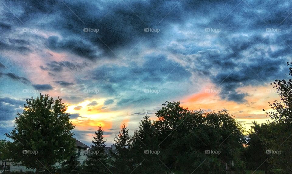 View of trees against dramatic sky at sunset