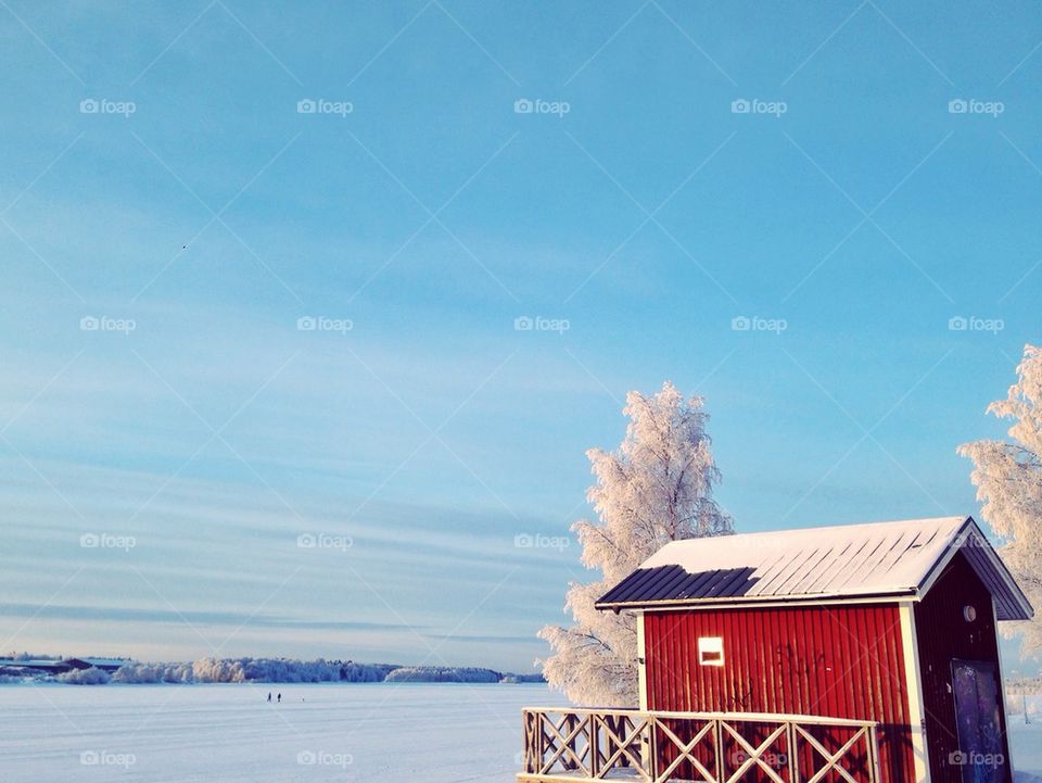 House on snowy landscape in winter