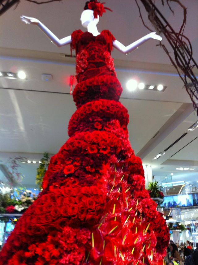 Macy’s flower show, mannequin in red flower dress