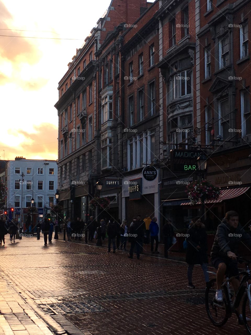 A street in Dublin during sunset 