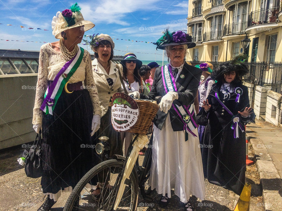 Women dressed up as Suffragettes in celebration of 100 years of women’s vote, in Hastings UK