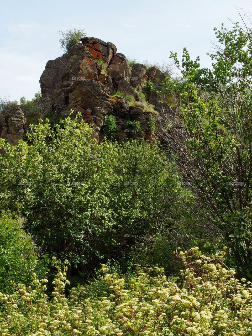 Textured and layered rock outcroppings in the backroads of Eastern Oregon on a spring day. 