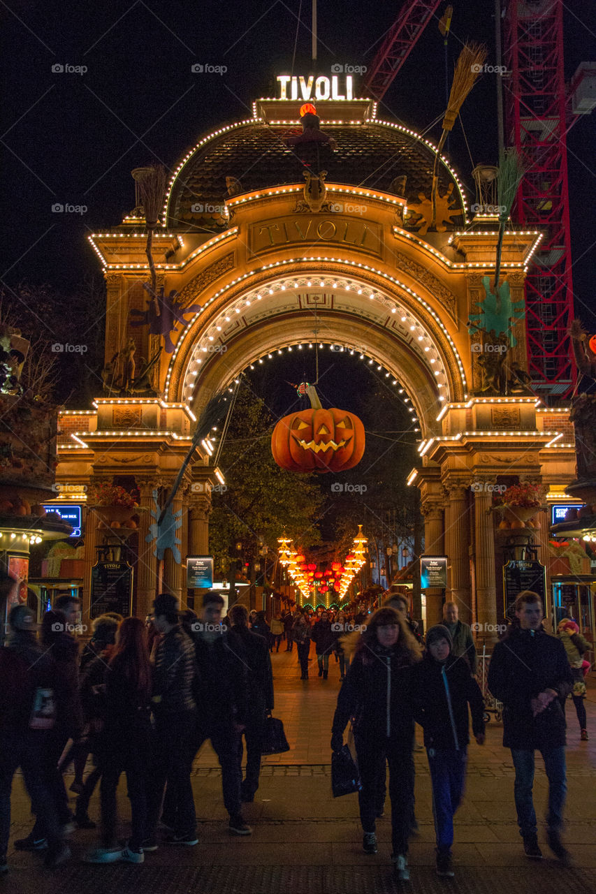 Entrence to theme park Tivoli at Holloween in Copenhagen Denmark.