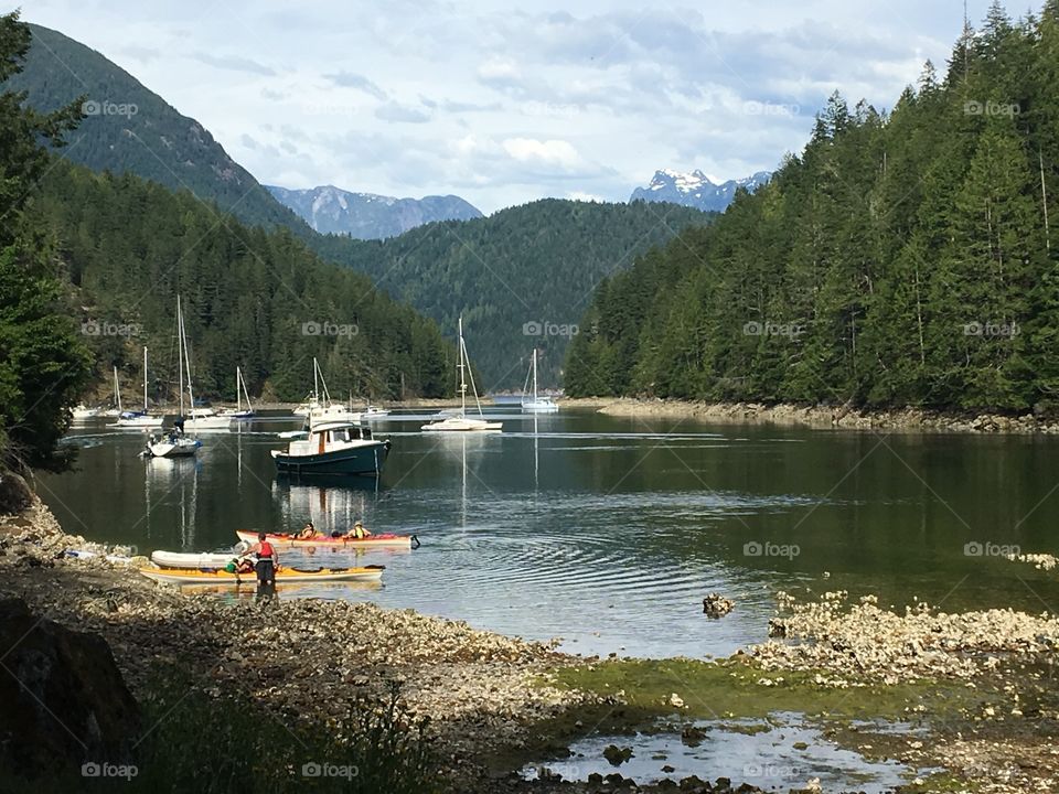 anchoring in roscoe bay, desolation sound. view from the shore