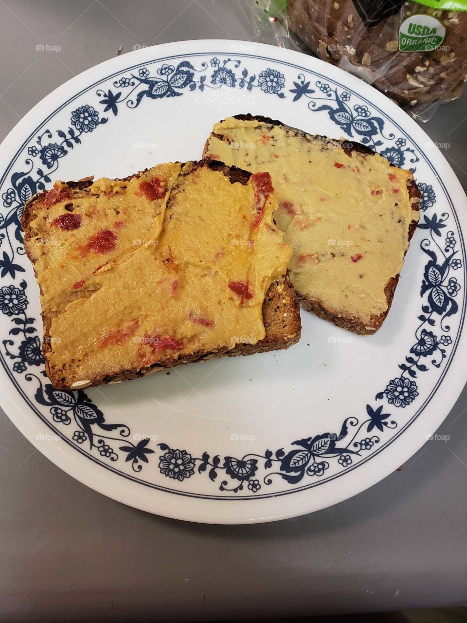 Red pepper hummus on toast