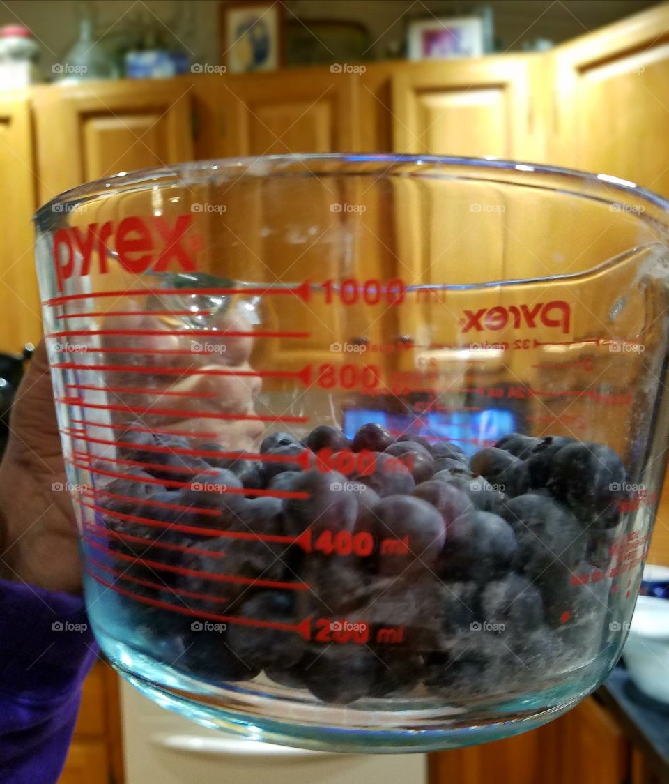 Blueberries in measuring cup, to be baked into a bread.
