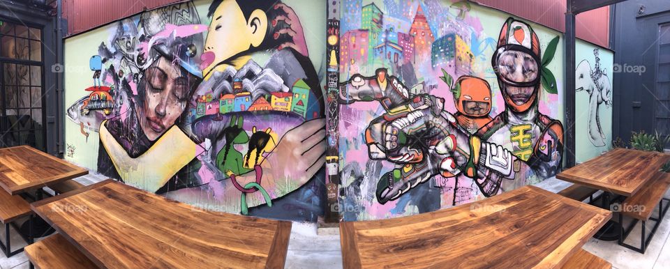 David Choe’s mural on the wall of David Chang’s restaurant near Chinatown in Los Angeles 