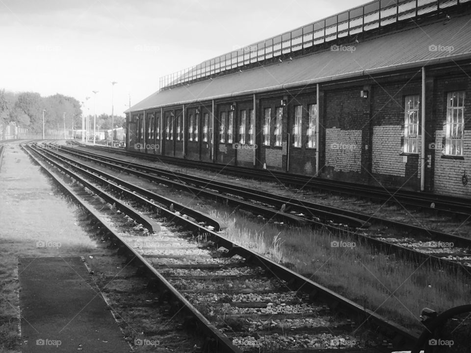 Sidings and shed just east of Edgware Underground Station, in monochrome in Spring.