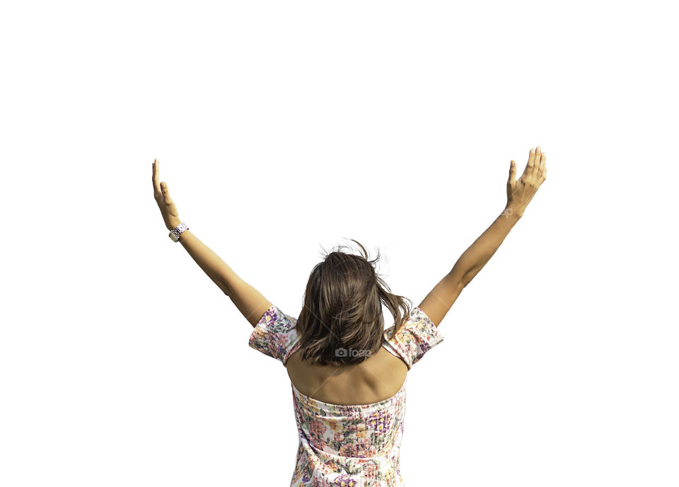 The image behind the woman raise their arms on a white background with clipping path.