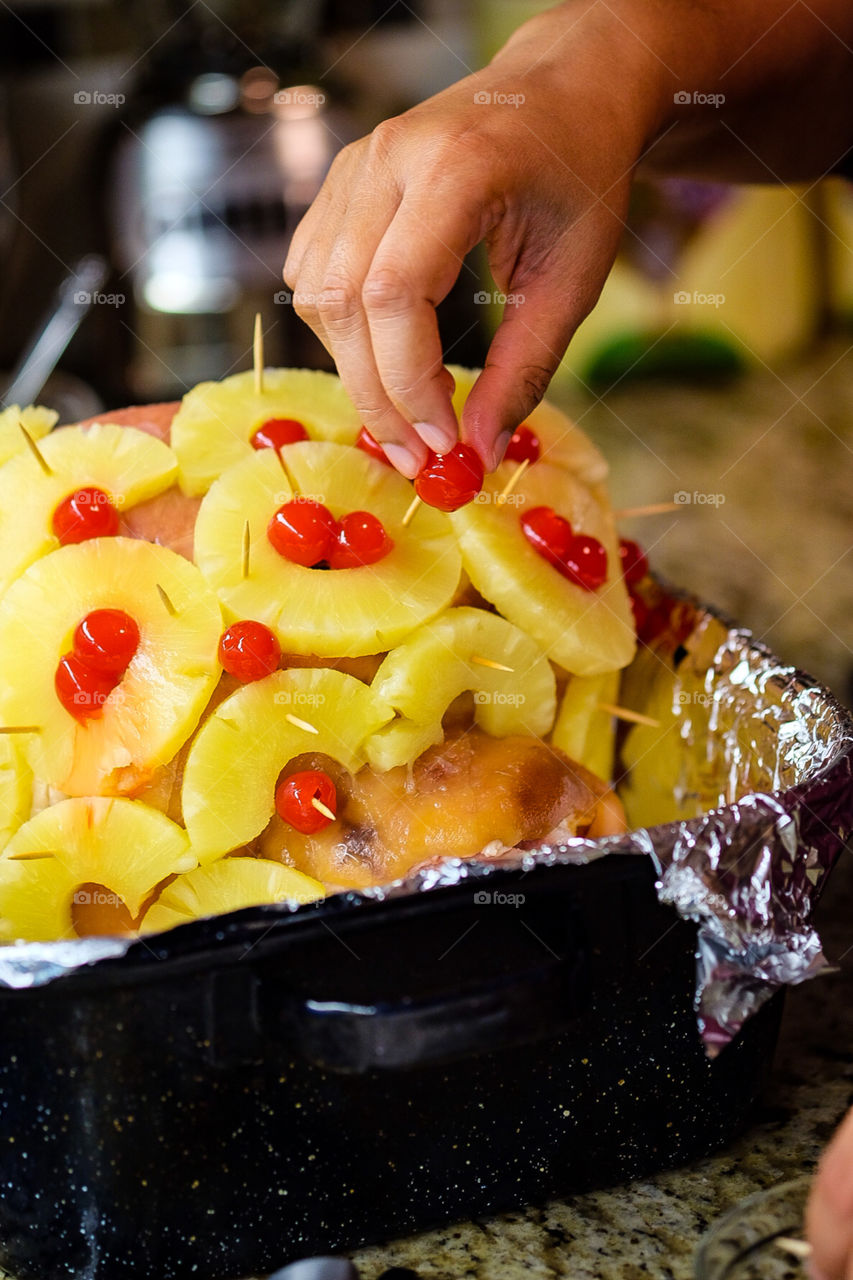 Christmas Ham with Pineapple and Cherries, Woman preparing Christmas dinner, cooking in the kitchen, making a feast, lady making dinner for family, family dinner, vibrant dinner food, classic Christmas meal