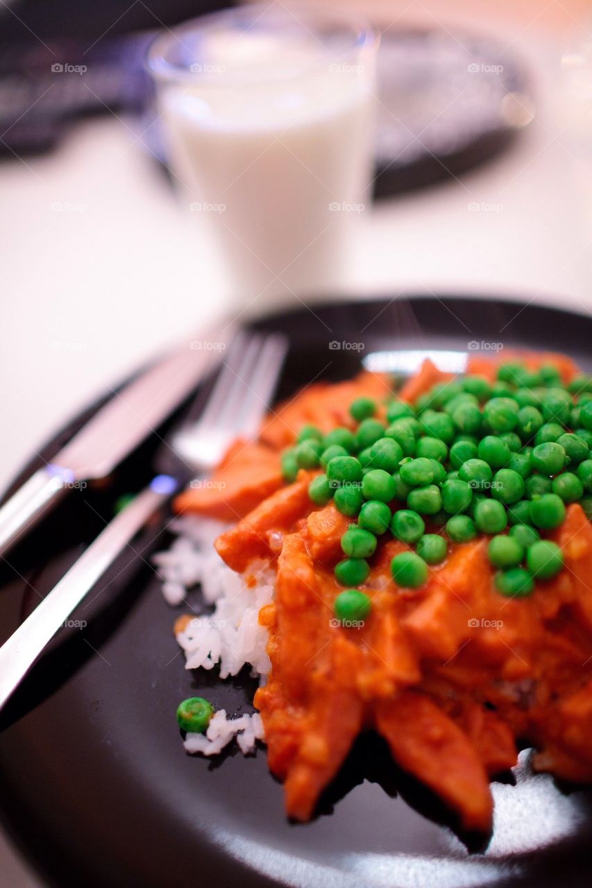 Sausage Stroganoff with peas and rice