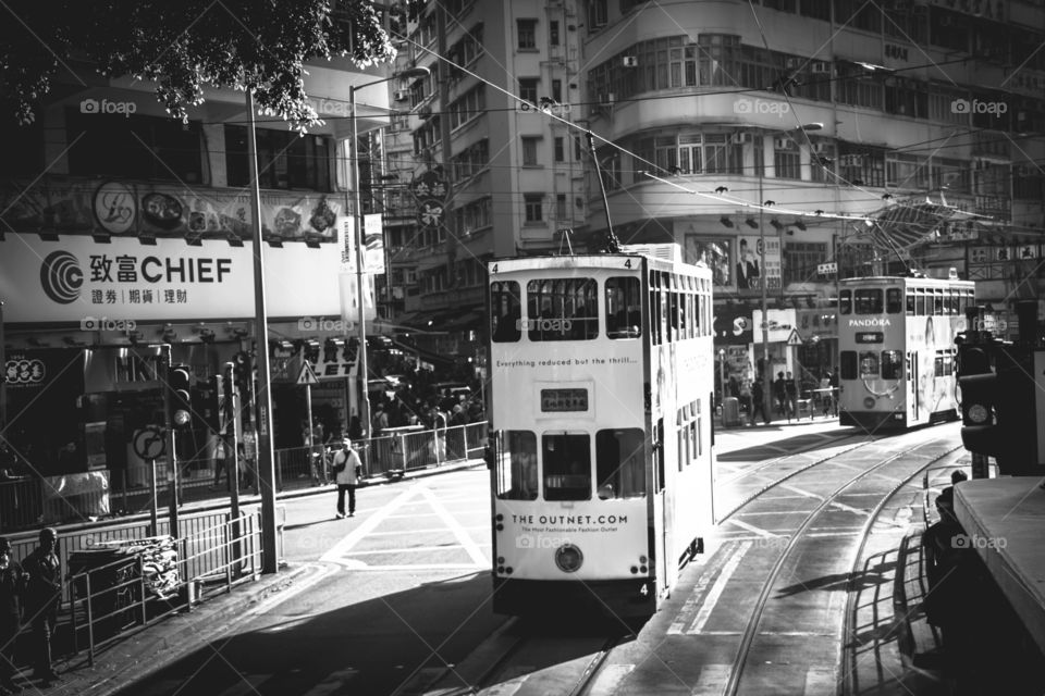 white tram in black and white