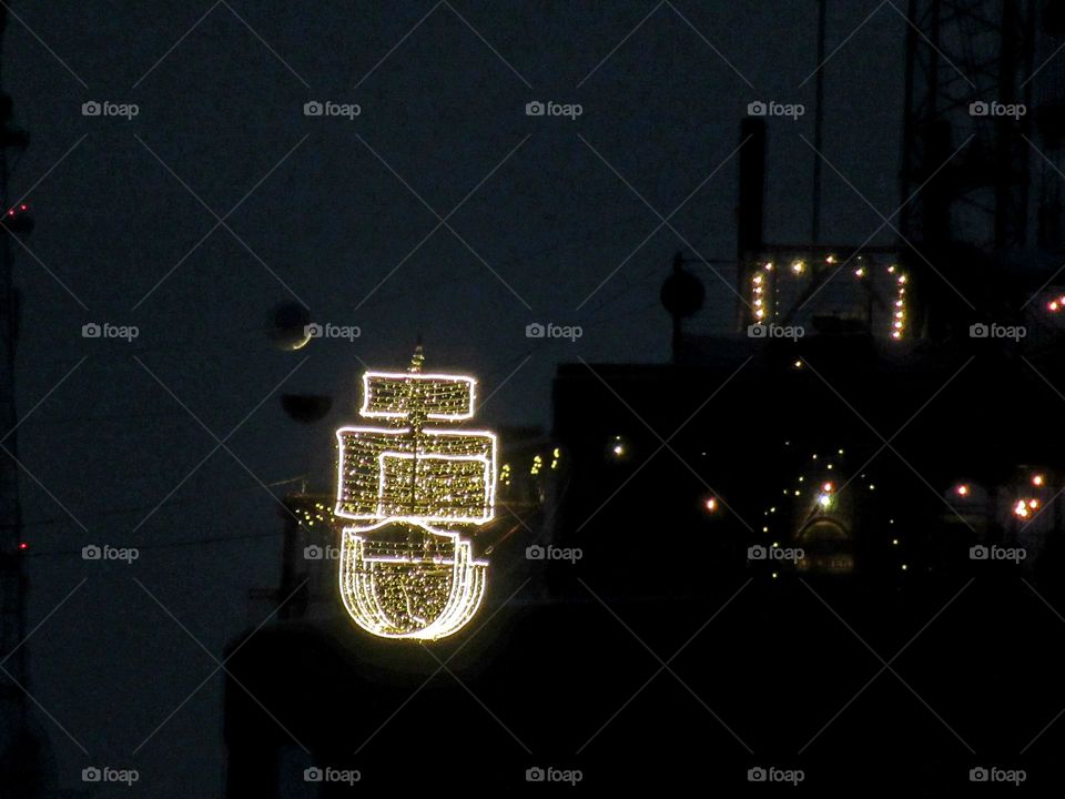 night, city lights, glowing ship, winter, frost,