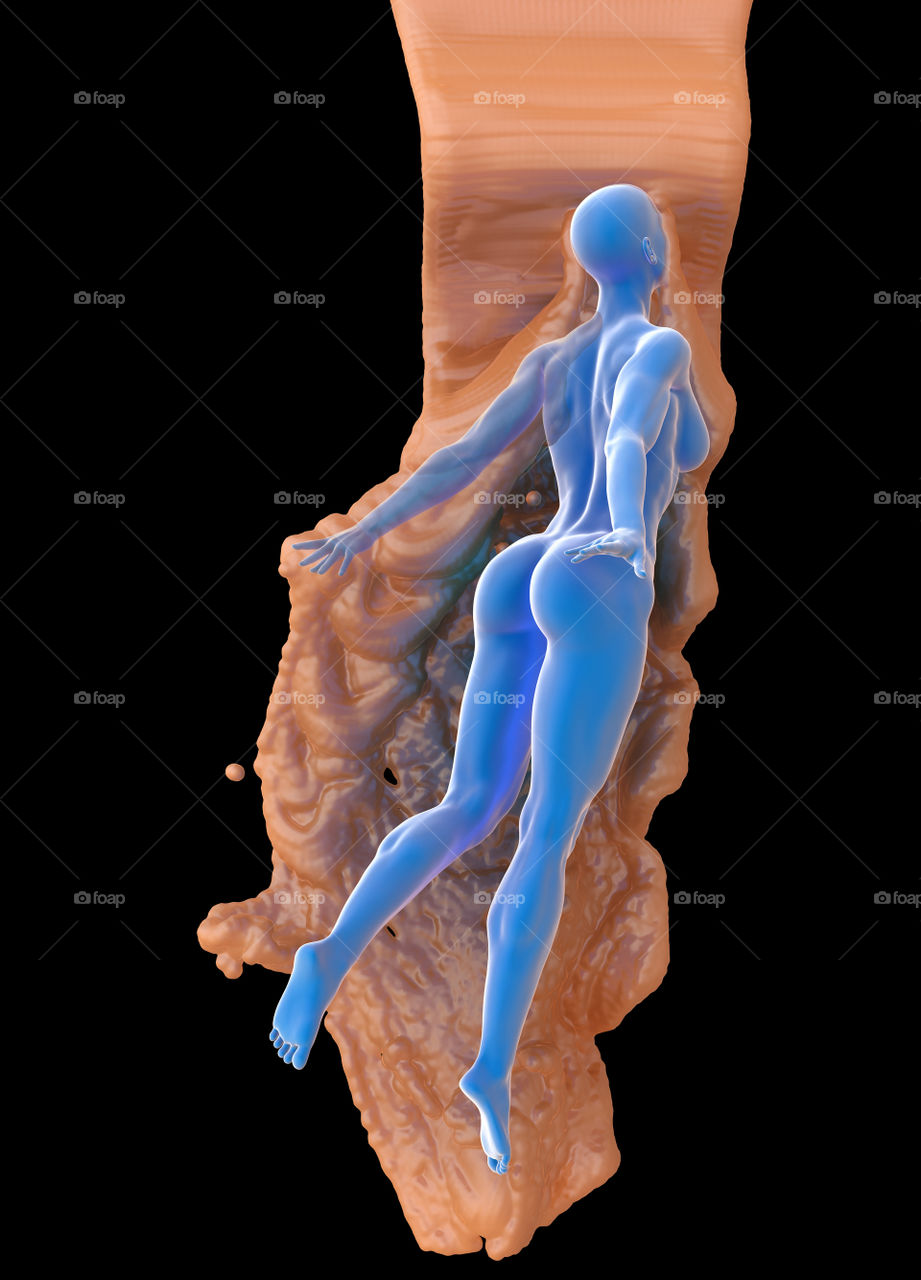 Slim attractive sportswoman flying into the chocolate stream against a black background. 3d illustration
